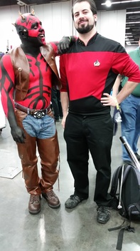 John Andrew Grillo as Cmdr. Riker standing next to Darth Maul in chaps